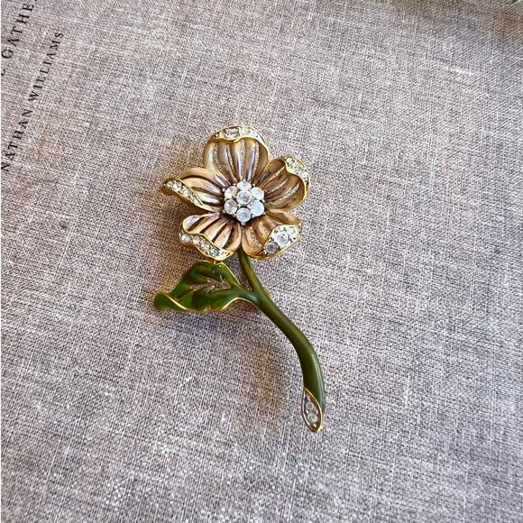 Signed Nolan Miller Enamel Flower Brooch | Rhinestone Accent Pin - Picture 1 of 6
